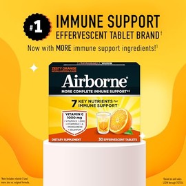 Airborne Immune Support Effervescent Tablets, Zesty Orange Flavor - 30ct with 1000mg Vitamin C + Vitamins A, D, E, Zinc, Selenium, Manganese & Herbal 