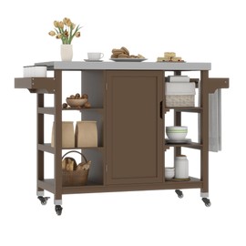 DWVO Outdoor Solid Wood Kitchen Island Grill Cart Movable with Stainless Steel Top and Spice Rack for Patio, Garden, Porch, Balcony, Outdoor Kitchen Island Bar Cart, Easy to DIY Color, Brown