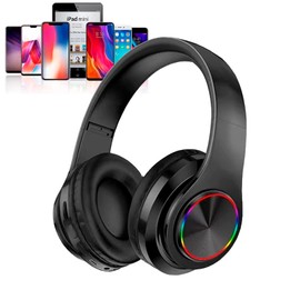 Kids Bluetooth Over Ear Headphones, Colorful LED Lights Headphones with Built-in Mic, Bluetooth 5.0, Wired and Wireless Foldable Stereo Headphones for Classroom/Home Office/Tablet/Airplane(Black)