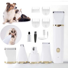 Dog Clippers Grooming Kit Hair Clipper - Pet Nail Sharpener and Shaver Set 4 in 1 Low Noise - Cordless Quiet Nail Grinder Shaver for Dogs, Cats (Gold Upgrade)