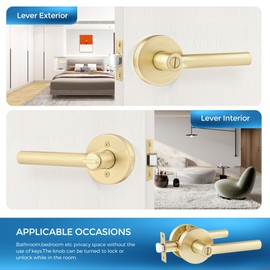 Leydebong 2 Pack Privacy Lever Door Handle [Thumb Turn Lock on The Inside] for Bedroom or Bathroom with a Satin Brass Finish, Reversible for Right & Left Side