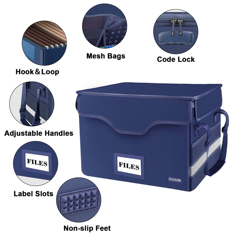 DocSafe Fireproof Document Box with Lock,File Storage Organizer with Pockets,Collapsible