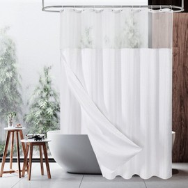MitoVilla White Long Shower Curtain 72 x 78, Modern Waffle 78 inch Long Fabric Shower Curtain Set with Cloth Snap-in Liner & Mesh Top Window for Hotel Spa Bathroom Decor