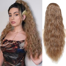 KETHBE Ponytail Extension, 26 Inch Drawstring Ponytail Hair Extensions Synthetic Long Curly Wavy Hair Extensions Ponytail Thick Hair Pieces for Women (Golden Brown)
