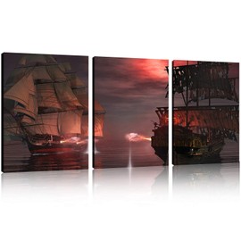 TutuBeer 3 Panel Pirate Ship Decor Canvas Print, Ready to Hang 12"x16" Pirate Canvas Pirate Canvas Art Pirate Pictures for Home Decor Sailboat Wall Art Seascape The Pictures for Home Decor Decoration