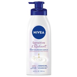NIVEA Sensitive and Radiant Body Lotion for Sensitive Skin, Hypoallergenic, Fragrance Free Body Lotion for Women with Deep Nourishing Serum, Pearl Extract and Provitamin B5, 16.9 Fl Oz Bottle