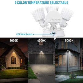 LEONLITE 3CCT LED Security Light Motion Sensor, Aluminum Flood Lights Outdoor, 3 Modes Motion Detector+Dusk to Dawn+Switch Control, 3000K/4000K/5000K Selectable, IP65, Adjustable 3-Head, ETL, White