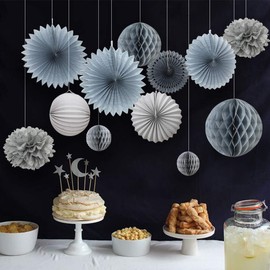 EASY JOY Party Tissue Paper Pom Poms Paper Fans Paper Lanterns Paper Honeycomb Balls Grey for Birthday Wedding Baby Shower Party Hanging Decorations(Grey)