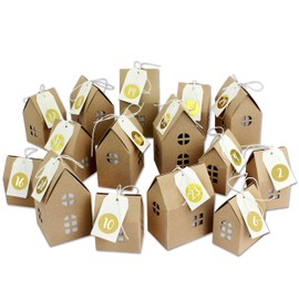 Papierdrachen DIY Advent Calendar for Crafts and Filling, House Set, with Golden Number Stickers, 24 Natural Brown Boxes Made of 400 g/m² Cardboard for Standing and Decorating, 24 Boxes, Christmas Village, Reusable