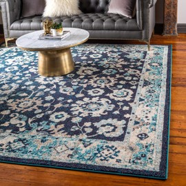 Unique Loom Penrose Collection Area Rug - Krystle (8' Square, Navy Blue/ Beige)