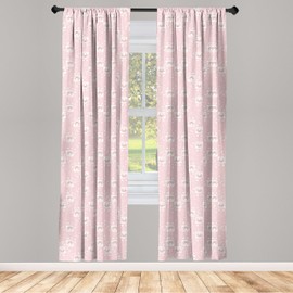 Ambesonne Owls Window Curtains, Pastel Owls and Little Birds on Floral Backdrop Girlish Pattern Swirls, Lightweight Decor 2-Panel Set with Rod Pocket, Pair of - 28" x 84", White and Pink