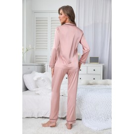 Lanbaosi Women Silk Pajamas Set Long Sleeve Satin Pajamas for Women Button Down Sleepwear Pjs Two-Piece Pink