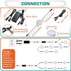 Lvyinyin LED Kitchen Cabinet Lighting, Over and Under Closet Light Fixture, 120 Volt US Wall Plug in, Daisy Chained Linkable, Inline Touch Dimmer Switch, Black Cord, 6 Lights, Warm White 2700K