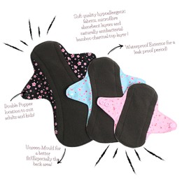 6Pc Reusable Sanitary Pads Multi Size Set Sakura Liners for Light to Heavy Flow and Leaks, Washable Period Pads, Inconsistency Towels - Bamboo Charcoal Fabric for Sensitive Skin by Little Miss Period