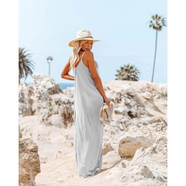 Poetsky Casual Dresses for Women Summer V Neck Sleeveless Long Dresses Light Grey L