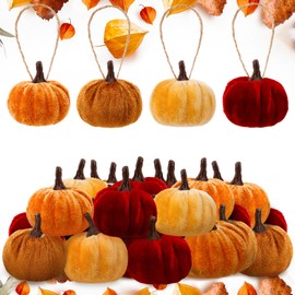 Halloscume 20 Pcs Fall Thanksgiving Pumpkin Hanging Ornament 2 Inches Velvet Pumpkins Tree Decorations Fabric Wrapped Tree Fall Decor for Autumn(Red, Dark Yellow, Light Yellow, Brown,Classic Style)