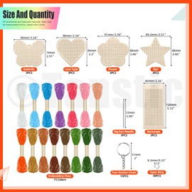 Tanstic 15Pcs Wooden Cross Stitch Kit, Star Heart Flower Butterfly Rectangle Ornaments Cross Stitching Keyrings Cross Stitch Wood Chip Wood Sewing Kit for Beginners, Craft Lover