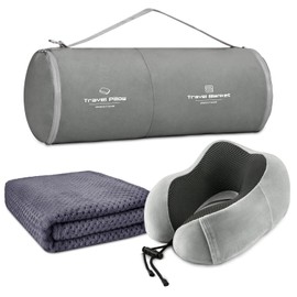 urnexttour Travel Pillow and Blanket Set Neck Pillow Airplane Memory Foam for Traveling Compact with Bag Grey