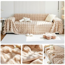 AMWAN Light Tan Plush Faux Fur 1 Piece Couch Cover Fluffy Sofa Slipcover for Dogs Pets Ultra Soft Universal Sofa Cover Large Cozy Sofa-Bed Throw Blanket Washable Sofa Cushion Cover,71x118’’