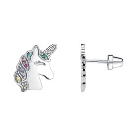 Girl's Sterling Silver Unicorn Earrings with Screw Backs and Multi-Color Sparkling CZs for Toddlers and Kids