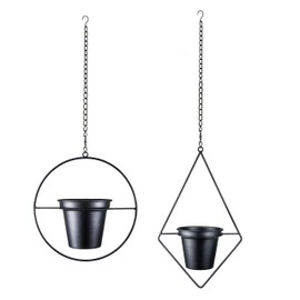Metal Hanging Planters, Modern Plant Hanger with 5 inch Flower Pot, Set of 2 Black Plant Holder in Diamond and Round Shape, Small Wall and Ceiling Planter for Indoor Plants, Home Décor