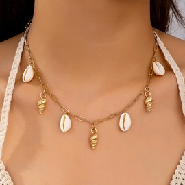 Moonffay Summer Shell Choker Necklace Gold Charm Boho Seashell Necklace for Women Beach Necklaces Hawaii Shell Choker