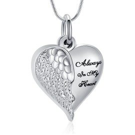 VCCWYQK Angel Wings Heart Urn Necklaces for Ashes Keepsake Pendant for Men and Women Cremation Jewellery, Stainless Steel, No Gemstone