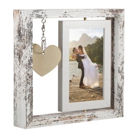 Photo Frame 4x6, Rotating Floating Wooden Picture Frames with Heart Pendant Double-Sided Square Spinning Display for Tabletop Standing Decor, Gifts for Wedding Family Best Friends, Mothers Day Gift