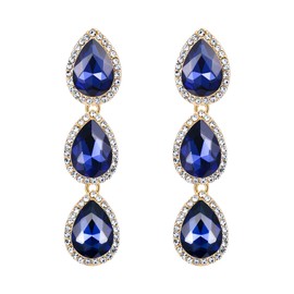 EleQueen Women's Gold-tone Austrian Crystal Teardrop Pear Shape 2.4 Inch Long Clip-on Dangle Earrings Sapphire Color 16001668-6ca