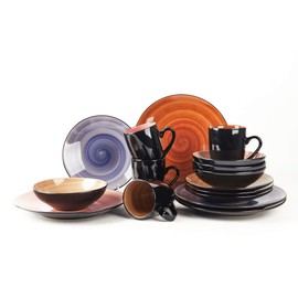 HomeVss, 16-Piece Dinnerware Set - Serves 4, Black and Speckled Purple Plates & Bowls Set | Microwave & Dishwasher Safe Mix Cobalt, Mocha, Rose, Spice