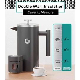 Coffee Gator French Press Coffee Maker - 34oz Double Insulated Stainless Steel Brewer plus Travel Jar Canister, Portable Hot Cold Brew Teapot Cafetera for Coffee Bar Accessories Kitchen Camping, Gray