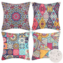 Velvhom Outdoor Waterproof Throw Pillow Covers Mandala Boho Summer Decorative Pillowcases Linen Square 4 Pack Cushion Covers 50x50 cm for Home Patio Garden Sofa Chairs 20x20 inch