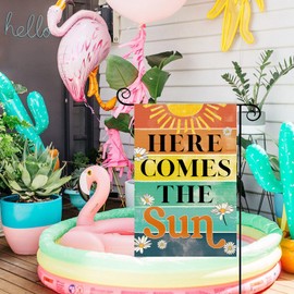 Tikeciti Spring Summer Sunshine Welcome Garden Flag 12 x 18 Inch Double Sided, Here Comes The Sun Farmhouse Burlap Small Yard Flag Summer Seasonal Holiday Outdoor Outside Decoration