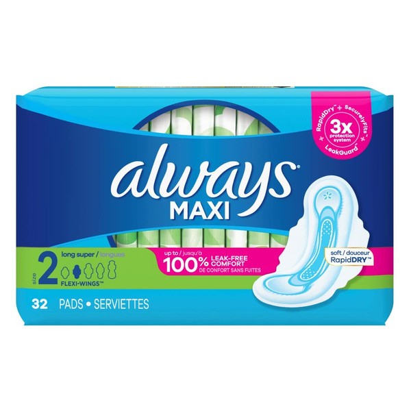 Always Pads Size 2 Maxi 32 Count Long Super 9 Hour (Pack of 3)