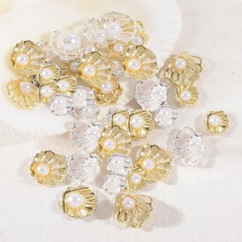 WEILUSI Gold Seashell Nail Charms with White Pearl 3D Summer Beach Shell Nail Charms Luxury Pearl Nail Art Gems Rhinestones Mermaid Shell Nail Supplies for Women DIY Manicure Decoration