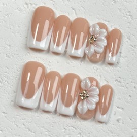Handmade Nails Long Square Press on Nails Thick Fake Nails with Glue,3D White Flower Art False Nails with Rhinestone Designs Nude Pink French Nails Reusable Nature Stick on Nail for Wome (Size S)