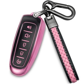 Yonmcfn for ford key fob cover with metal/leather keychain,TPU 5 Buttons Key case,compatible with C-Max Edge Escape Expedition Explorer Flex Focus Taurus Remote smart Key,keychain pink