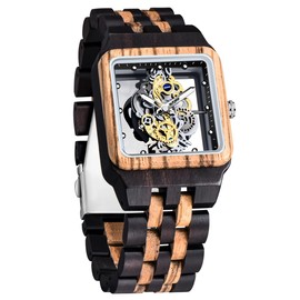Dentily Exquisite Square Hollowed Out Quart Mens Wooden Watches Transparent Dial Mens Watches