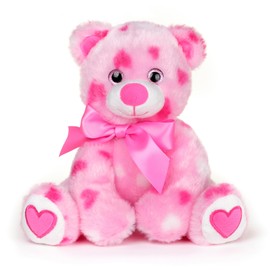 Bearington Hearty Teddy Bear Stuffed Animal - 8.5" Pink Teddy Bear Plush with Heart Print and Satin Bow - Soft Cuddly Plush Toy and Adorable Valentines Day Gift for Girls and Loved Ones