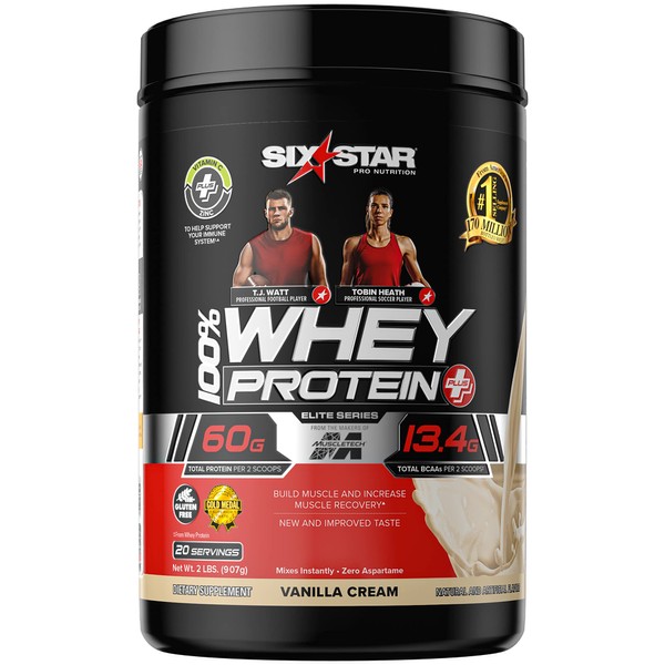 Six Star Whey Protein Powder + Immune Support Whey Protein Plus | Whey Protein Isolate & Peptides + Muscle Builder | Lean Protein Powder for Muscle Gain & Recovery | Vanilla, 2 lbs