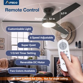 Amico Ceiling Fans with Lights, 52 inch Low Profile Ceiling fan with Light and Remote Control, Flush Mount, Reversible, 3CCT, Dimmable, Noiseless, Black Ceiling Fan for Bedroom, Indoor/Outdoor Use