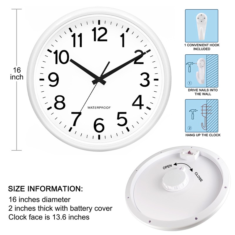 Caysie 16 Inch Sealed Large Outdoor Clock Waterproof, Silent Battery