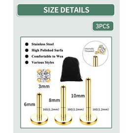 KGDUYC G23 Titanium Helix Piercings Tragus Piercing Internal Thread Labret Piercing Lip Piercing Medusa Piercing Medical Stud Piercing Ear Small Helix Tragus Conch Piercing - CZ Gold, Metal