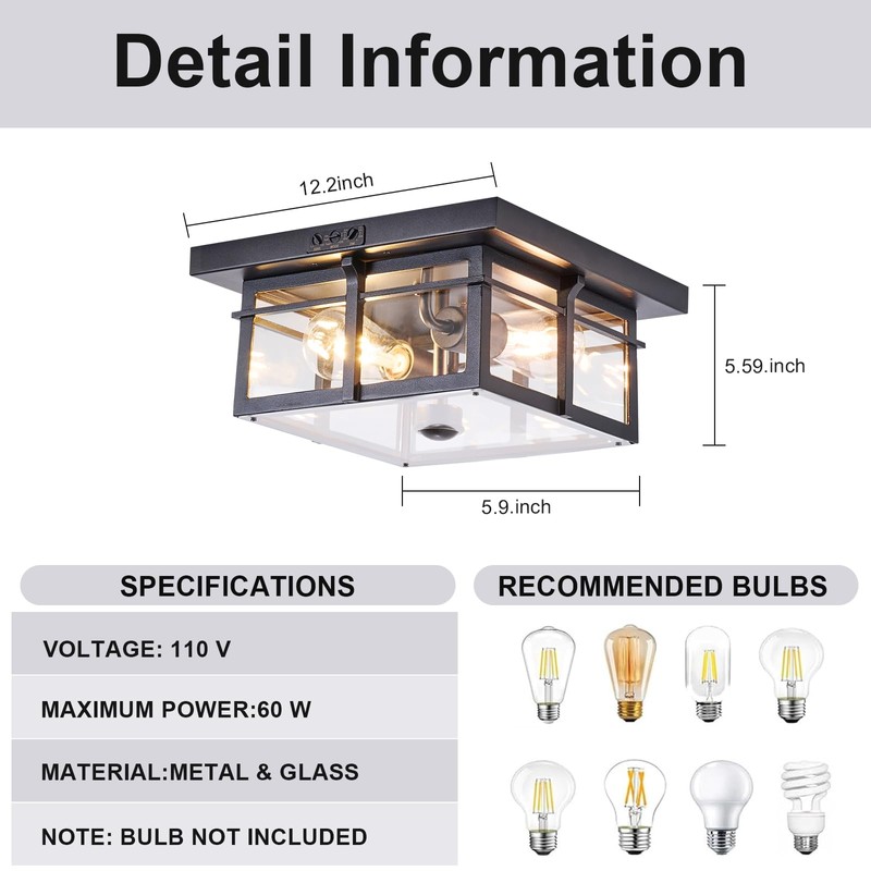 Motion Sensor Outdoor Flush Mount Ceiling Light, Industrial Glass Rustic