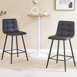 24 Inch Bar Stools Set of 2,Counter Height Bar Stools with Metal Leg Footrest,Modern Barstools with Back,Black Leather Bar Chairs for Kitchen Island,Pub