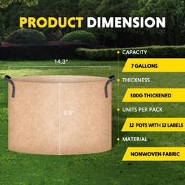 Simple Deluxe 12 Pack 7 Gallon Grow Bags, 300G Vegetable/Flower/Plant Fabric Pots with Handles, Heavy Duty Thickened Nonwoven Planting Bag with 12 Pcs Plant Labels