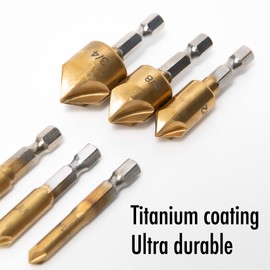 6 Pcs Countersink Drill Bit Set with Case 1/4'' Hex Shank HCS 5 Flute Countersink 90 Degree Center Punch Tool Sets for Wood, Quick Change Bit 1/4” 5/16" 3/8” 1/2” 5/8” 3/4”