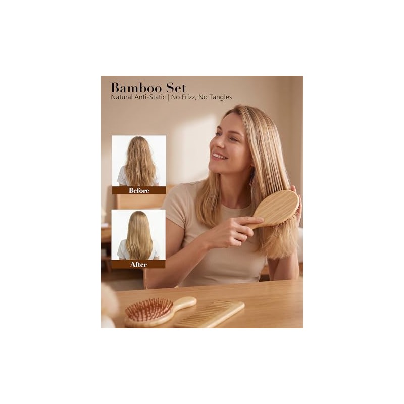 Juego de 4 cepillos de bambú para el cabello, cepillo