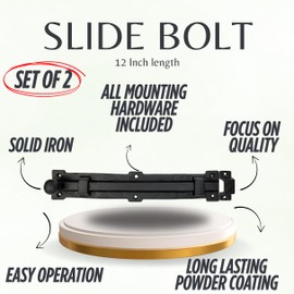 STALLION HARDWARE Set of 2, 12 Inch Length Black Powder Coated Iron Surface Slide Bolt Ideal for Doors/Gates/cabinets. Easy Installation