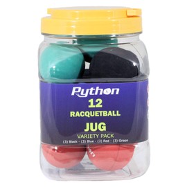 Python Variety Pack Racquetball(Jug) (12 Balls)(3-Black,3-Blue,3-Red, 3-Green)